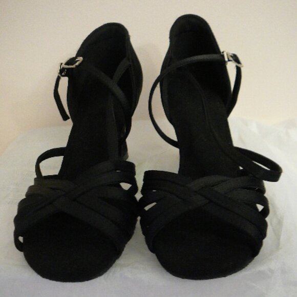 Ladies Black Soft Bottom Satin Strappy Open Toe 2.5" Heel Sandals-Size 7 - Picture 4 of 6